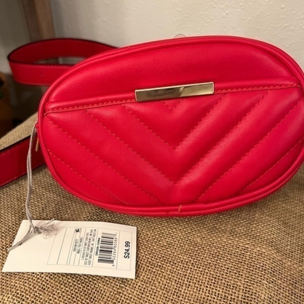 A New Day belt bag, fanny pack red faux leather adjustable. NWT